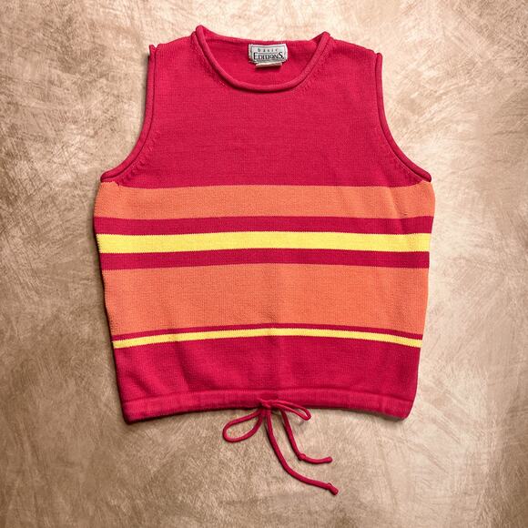 Vintage 90s Basic Editions Sleeveless Striped Knit Top Drawstring Waist Retro - Picture 1 of 6